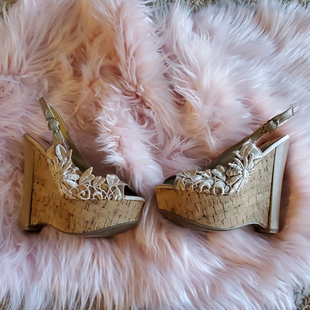 Tan/Nude Satin Embroidered Wedges